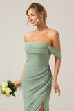 Dusty Sage Sheath Off the Shoulder Pleated Chiffon Bridesmaid Dress With Slit