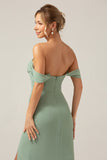 Dusty Sage Sheath Off the Shoulder Pleated Chiffon Bridesmaid Dress With Slit