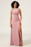 Dusty Rose A-Line Round Neck Maxi Chiffon Bridesmaid Dress With Embroidery