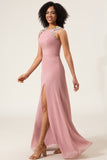 Dusty Rose A-Line Round Neck Maxi Chiffon Bridesmaid Dress With Embroidery