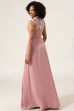 Dusty Rose A-Line Round Neck Maxi Chiffon Bridesmaid Dress With Embroidery