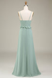 Matcha Spaghetti Straps Chiffon Bohemian Bridesmaid Dress With Ruffle Slit