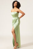 Dusty Sage A-Line Strapless Corset Satin Bridesmaid Dress with Slit