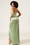Dusty Sage A-Line Strapless Corset Satin Bridesmaid Dress with Slit