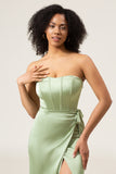 Dusty Sage A-Line Strapless Corset Satin Bridesmaid Dress with Slit