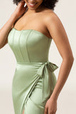 Dusty Sage A-Line Strapless Corset Satin Bridesmaid Dress with Slit