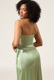 Dusty Sage A-Line Strapless Corset Satin Bridesmaid Dress with Slit
