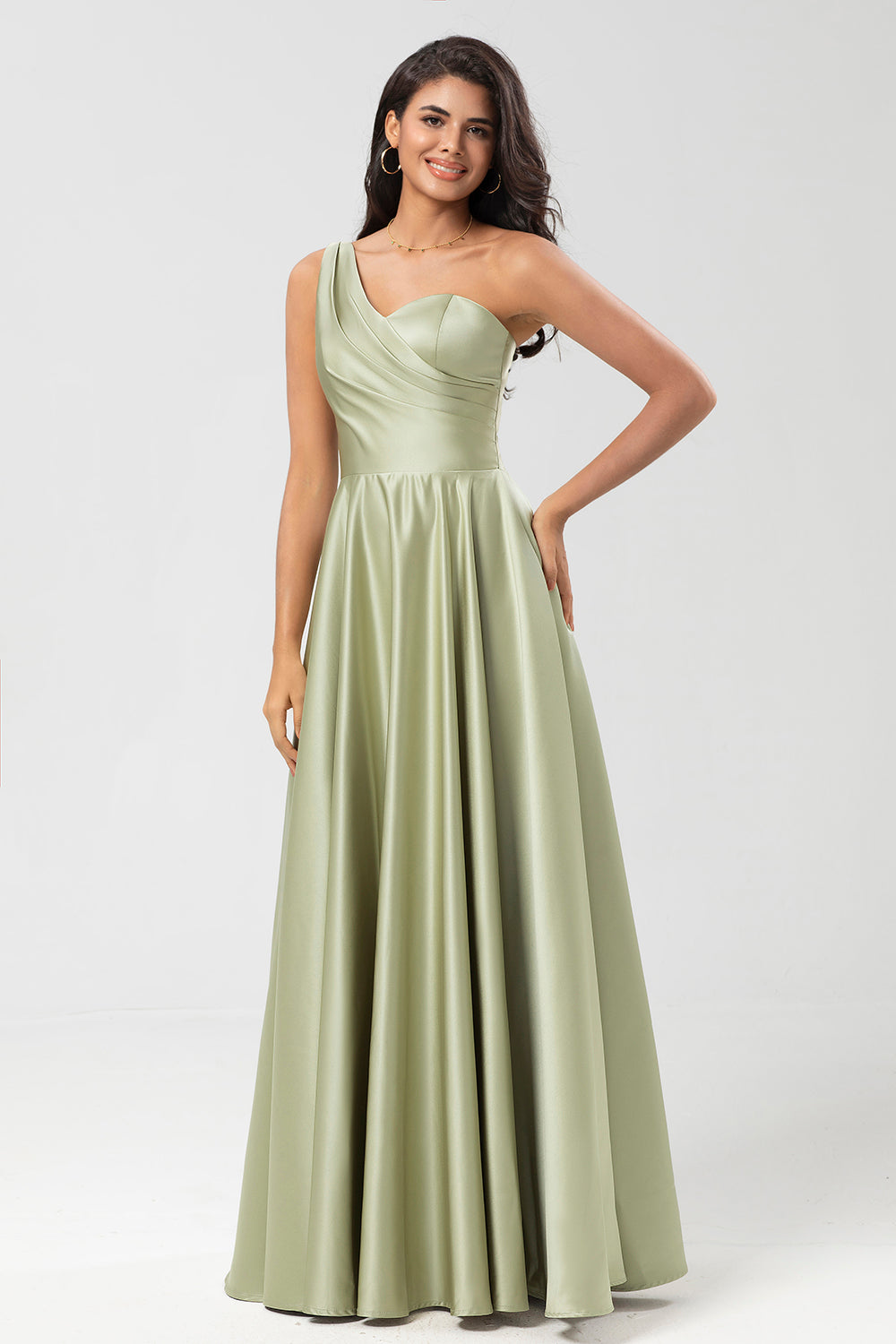 Dusty Sage A-Line One Shoulder Ruched Satin Bridesmaid Dress with Pocket