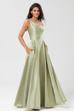 Dusty Sage A-Line One Shoulder Ruched Satin Bridesmaid Dress with Pocket