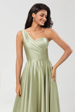 Dusty Sage A-Line One Shoulder Ruched Satin Bridesmaid Dress with Pocket