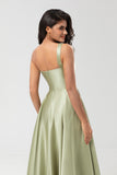 Dusty Sage A-Line One Shoulder Ruched Satin Bridesmaid Dress with Pocket