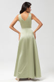 Dusty Sage A Line Floor-Length Satin Bridesmaid Dress