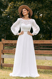 Ivory Bateau A Line Chiffon Long Boho Wedding Dress with Lace