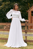 Ivory Bateau A Line Chiffon Long Boho Wedding Dress with Lace
