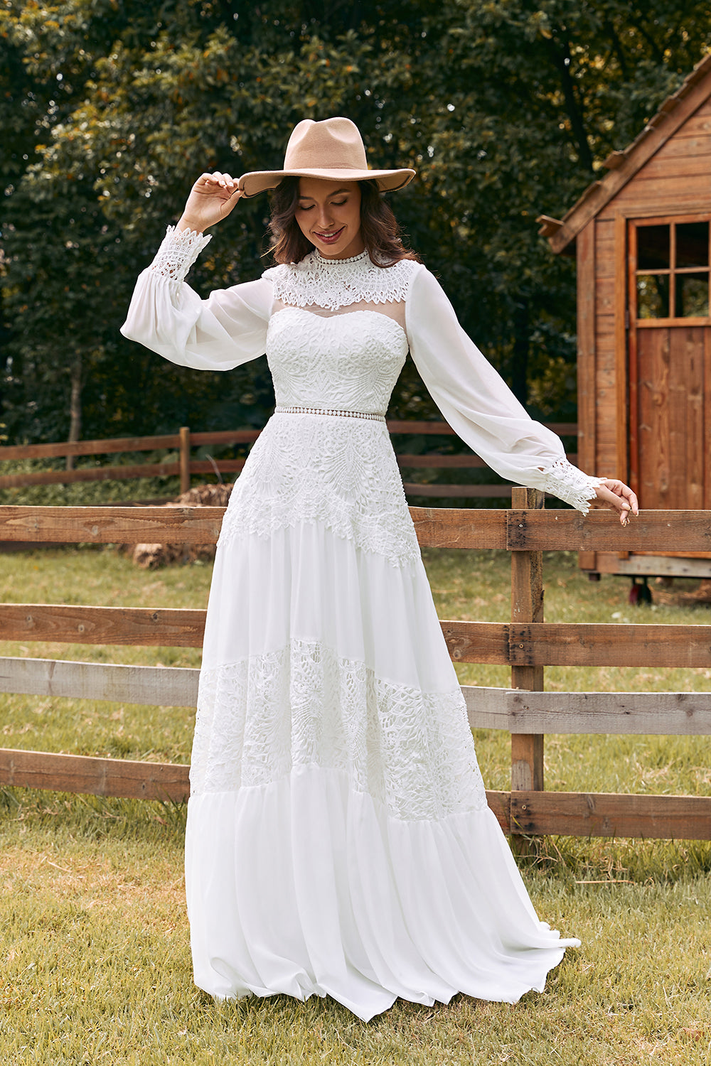 Wedtrend Women Ivory Bridal Dress Ivory A Line Round Neck Long Sleeves Boho Wedding Dress with Lace WEDTREND Wedtrend Women Ivory Bridal Dress Ivory A Line Round Neck Long Sleeves Boho Wedding Dress with Lace WEDTREND