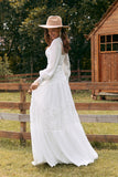 Ivory A Line Round Neck Long Sleeves Boho Wedding Dress with Lace