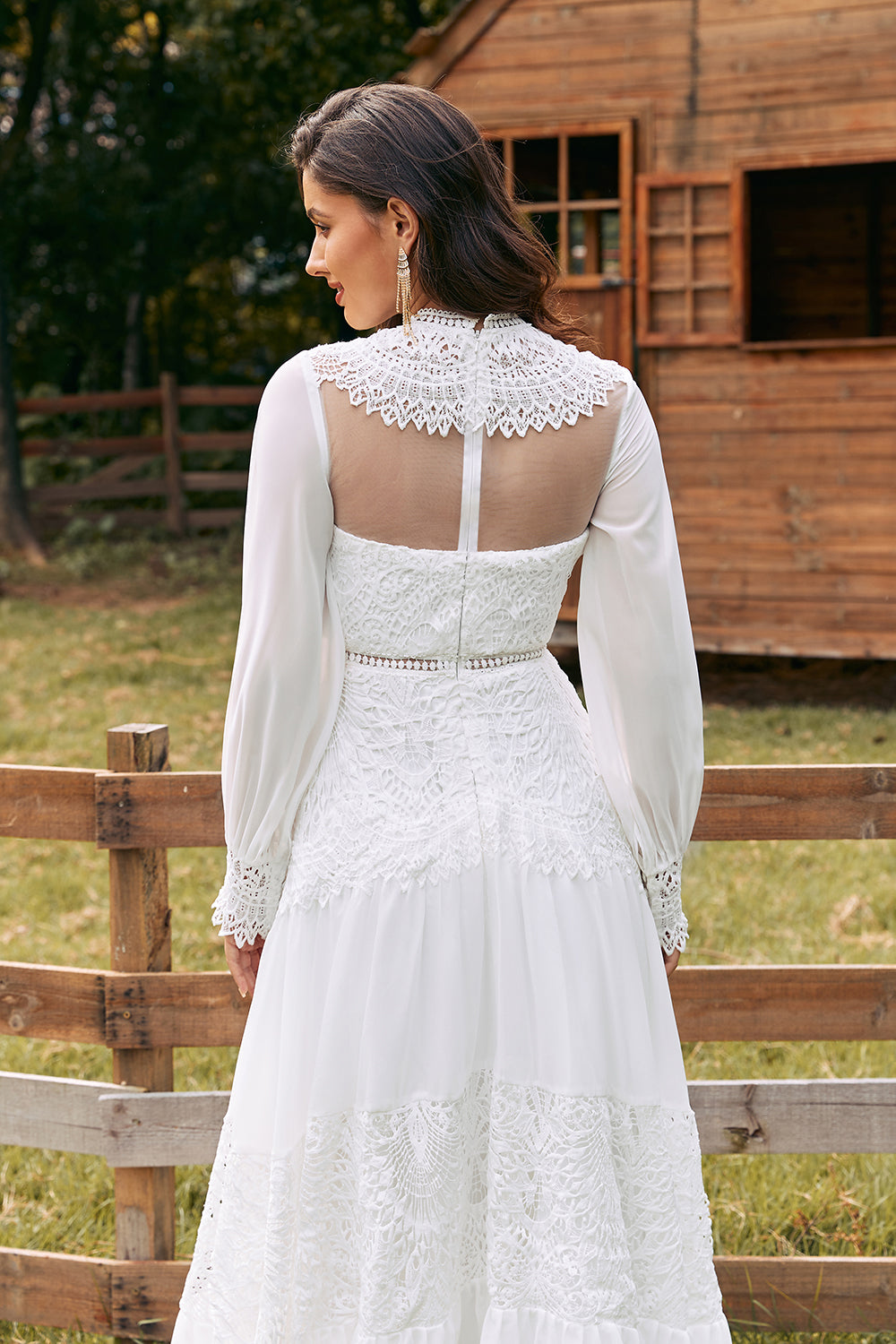 Wedtrend Women Ivory Bridal Dress Ivory A Line Round Neck Long Sleeves Boho Wedding Dress with Lace WEDTREND Wedtrend Women Ivory Bridal Dress Ivory A Line Round Neck Long Sleeves Boho Wedding Dress with Lace WEDTREND