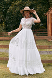 Ivory A Line Short Sleeves Boho Chiffon Wedding Dress with Lace