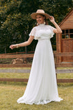 Vintage Ivory A Line Chiffon Boho Long Wedding Dress with Lace