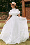 Vintage Ivory A Line Chiffon Boho Long Wedding Dress with Lace