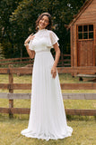 Vintage Ivory A Line Chiffon Boho Long Wedding Dress with Lace