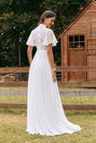 Vintage Ivory A Line Chiffon Boho Long Wedding Dress with Lace