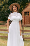 Vintage Ivory A Line Chiffon Boho Long Wedding Dress with Lace