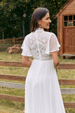 Vintage Ivory A Line Chiffon Boho Long Wedding Dress with Lace