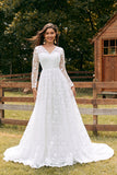 Ivory A-Line V-Neck Sweep Train Lace Wedding Dress with Sleeves