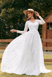 Ivory A-Line V-Neck Sweep Train Lace Wedding Dress with Sleeves