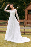 Ivory A-Line V-Neck Sweep Train Lace Wedding Dress with Sleeves