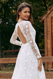 Ivory A-Line V-Neck Sweep Train Lace Wedding Dress with Sleeves