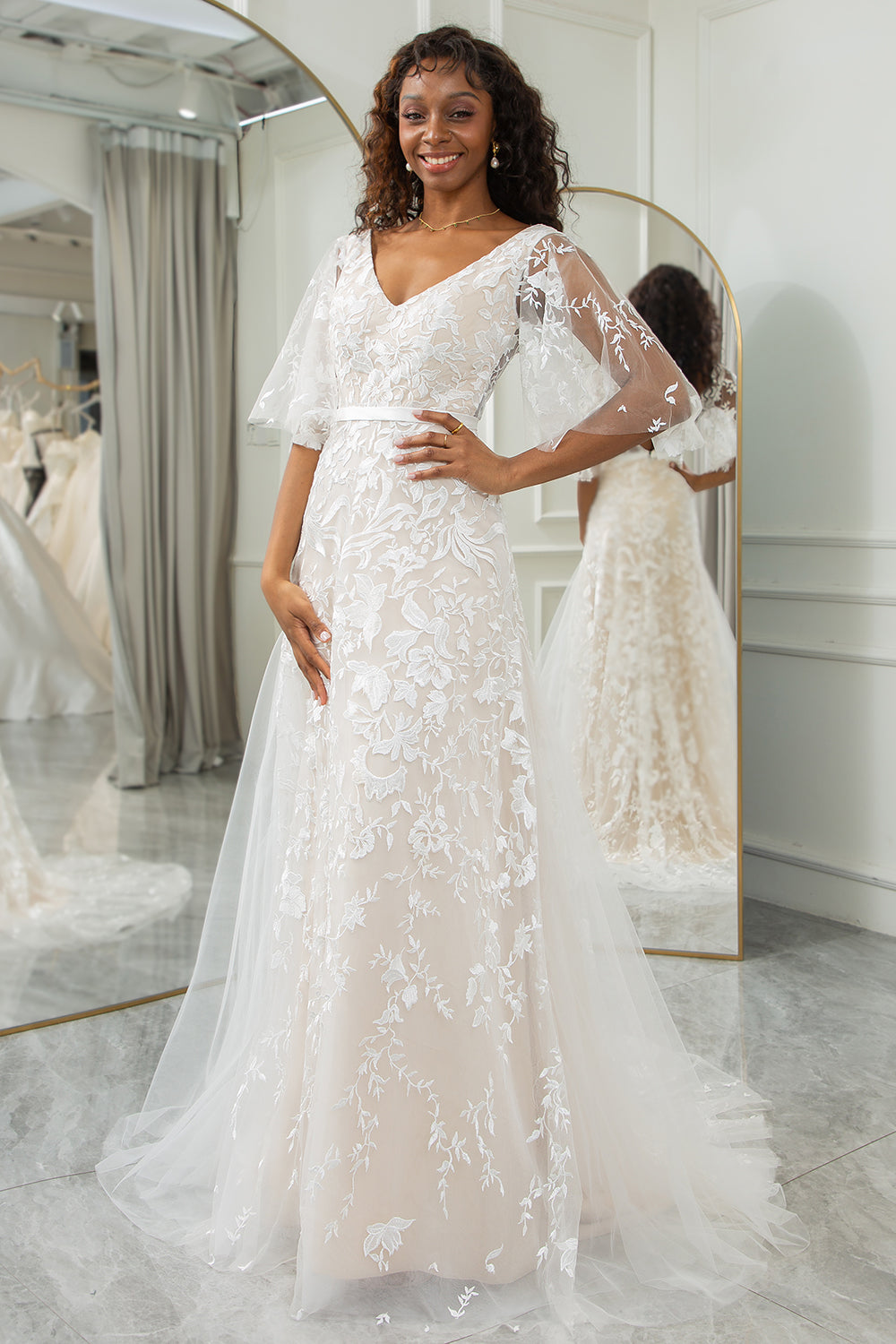 Wedtrend Women Ivory Apricot Bridal Dress A Line V-Neck Long Lace Wedding Dress With Short Sleeves WEDTREND Wedtrend Women Ivory Apricot Bridal Dress A Line V-Neck Long Lace Wedding Dress With Short Sleeves WEDTREND