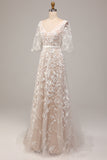 A Line V-Neck Short Sleeves Long Bridal Dress With Appliqued Lace