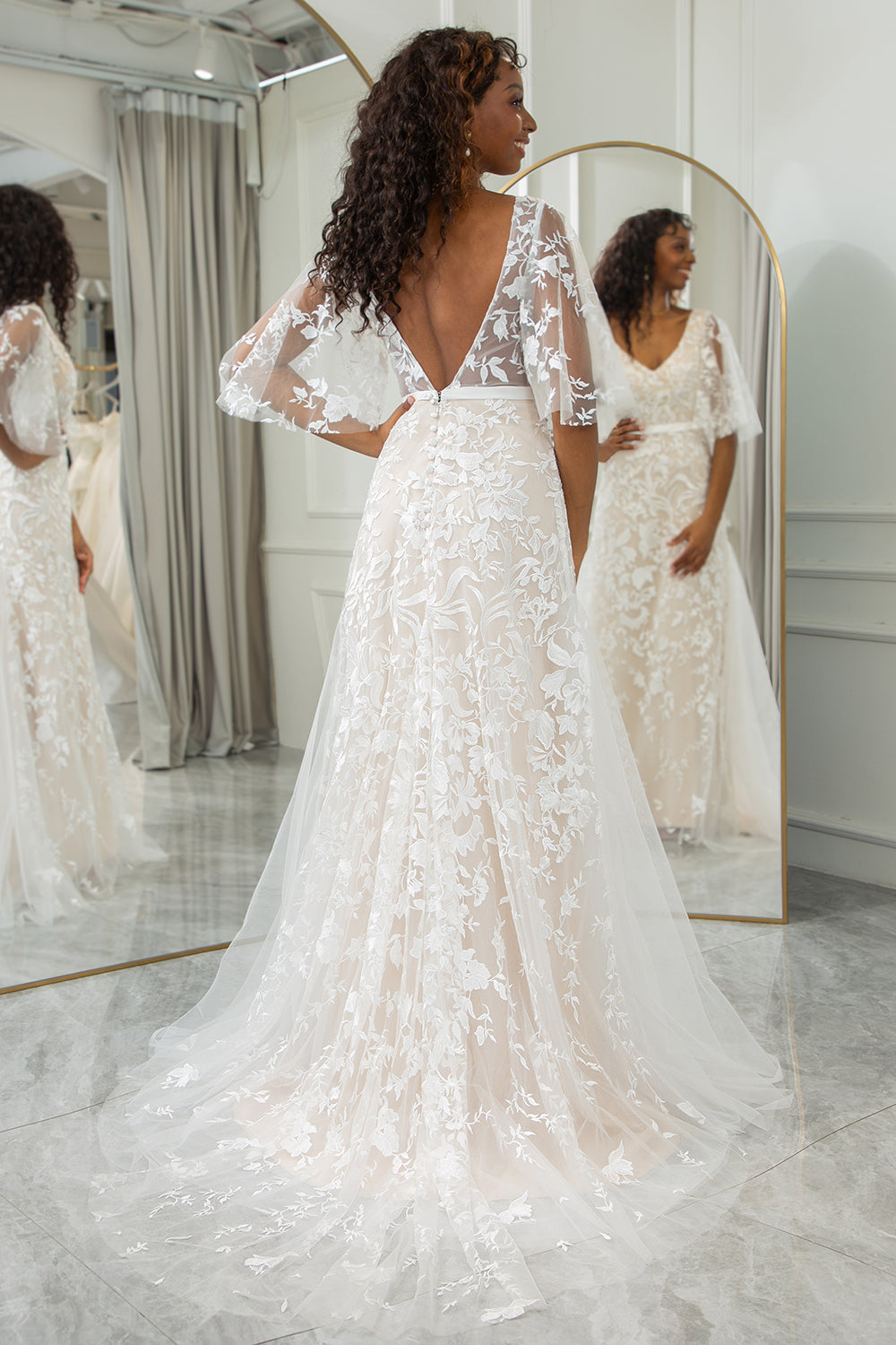 Wedtrend Women Ivory Apricot Bridal Dress A Line V-Neck Long Lace Wedding Dress With Short Sleeves WEDTREND Wedtrend Women Ivory Apricot Bridal Dress A Line V-Neck Long Lace Wedding Dress With Short Sleeves WEDTREND