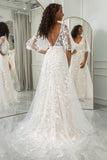 A Line V-Neck Long Lace Wedding Dress With Short Sleeves