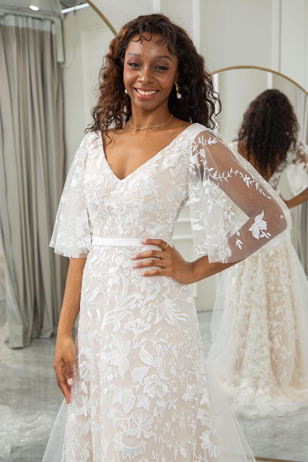 A Line V-Neck Long Lace Wedding Dress With Short Sleeves