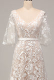 A Line V-Neck Short Sleeves Long Bridal Dress With Appliqued Lace