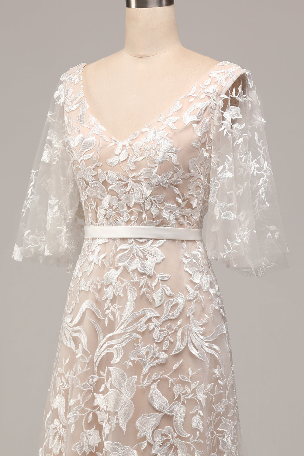 A Line V-Neck Short Sleeves Long Bridal Dress With Appliqued Lace