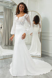 Ivory Mermaid Square Neck Corset Wedding Dress with Long Sleeves