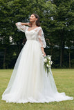 Ivory A-Line V Neck Corset Tulle Wedding Dress with Long Sleeves