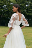 Ivory A-Line V Neck Corset Tulle Wedding Dress with Long Sleeves