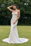 Trumpet/Mermaid Spaghetti Straps V-Neck Sweep Train Wedding Dress With Lace