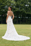 Trumpet/Mermaid Spaghetti Straps V-Neck Sweep Train Wedding Dress With Lace