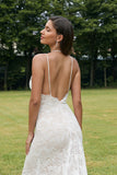 Trumpet/Mermaid Spaghetti Straps V-Neck Sweep Train Wedding Dress With Lace