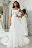 Ivory A Line Square Neck Corset Long Chiffon Lace Wedding Dress With Slit