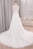 Ivory A Line Square Neck Corset Long Chiffon Lace Wedding Dress With Slit