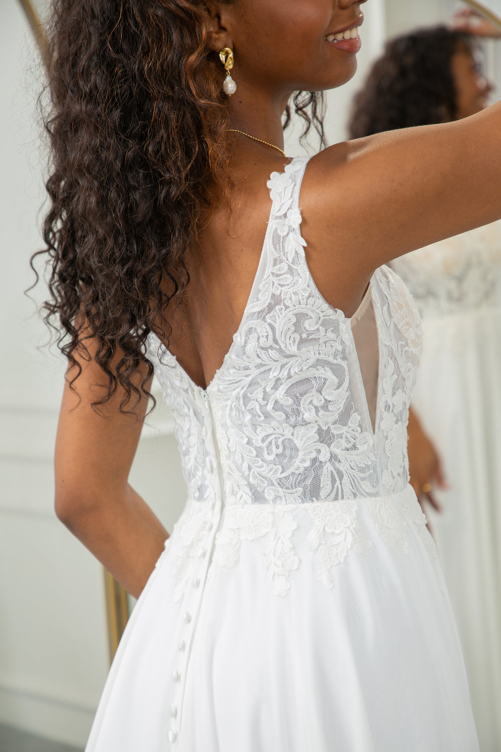 Ivory A Line Square Neck Corset Long Chiffon Lace Wedding Dress With Slit