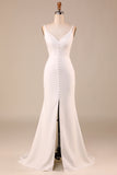 Ivory Spaghetti Straps V-Neck Sweep Train Wedding Dress With Slit