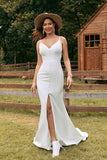 Ivory Simple Mermaid Button Long Wedding Dress with Slit